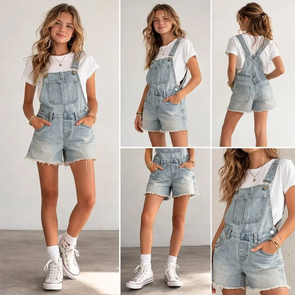 NEW   Old Navy Girls Light Wash Denim Shortalls Frayed Hem Pearl